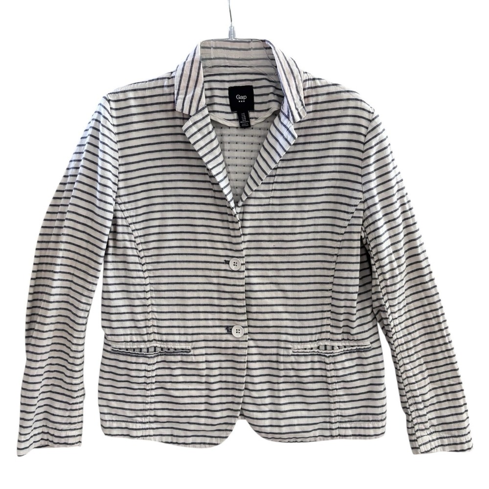 Gap Summer Blazer Womens 6 Blue White Stripe‎ Unstructured Cotton Gauze Nautical